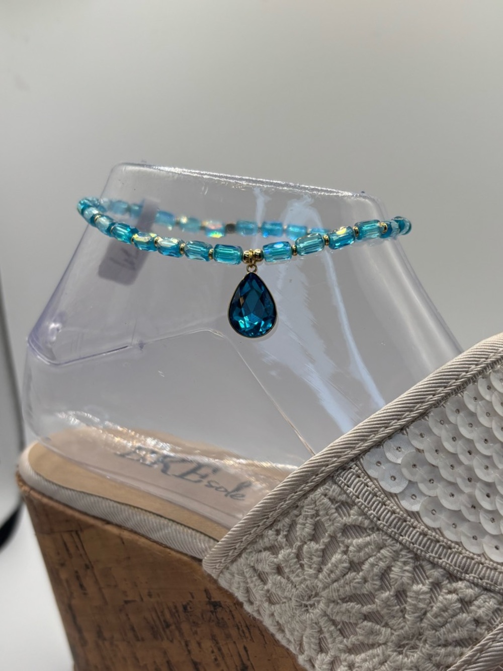 *ANKLET* AB Blue Teardrop with AB Blue Stretchy Anklet - Picture 5 of 6